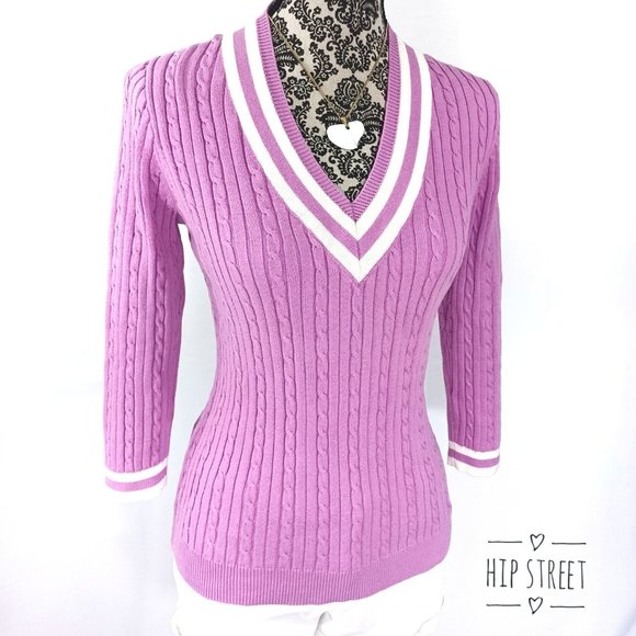 CHAPS CLASSICS Preppy V Neck Stripe Cable Knit Cotton Sweater M - Picture 1 of 4